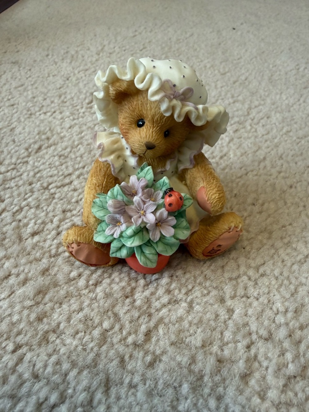 Cherished Teddies Violet Bear Figurine with Cream Bonnet and Pink Flower Pot